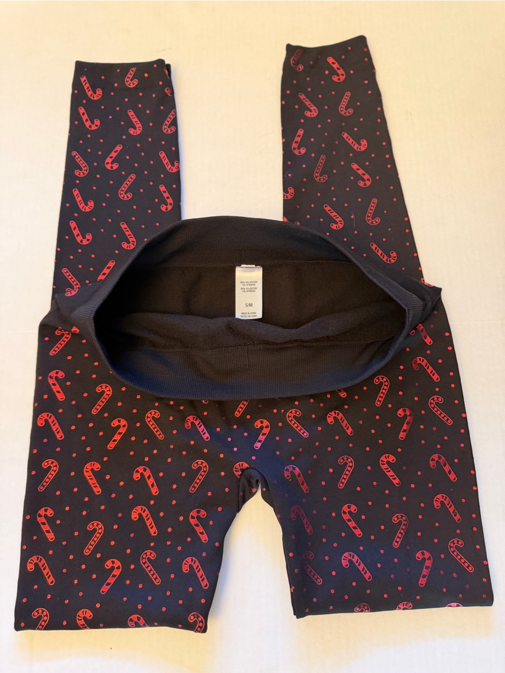 Black Candy Cane Print High-Waist fleece lined Holiday leggings Sz-S/M. HH10